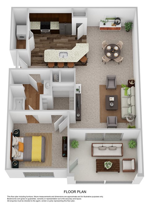 a stylized floor plan with a bedroom and living room